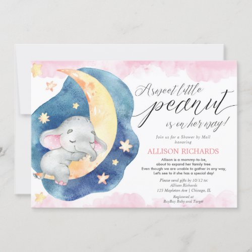 Pink baby elephant shower by mail baby shower invitation