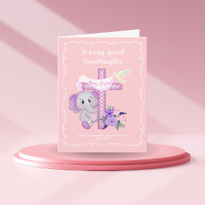 Pink Baby Elephant With Dove And Cross Baptism  Card