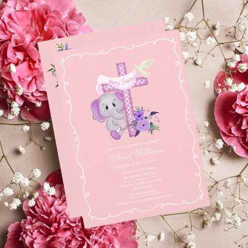 Pink Baby Elephant With Dove And Cross Baptism  Invitation