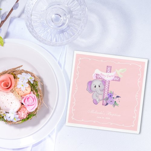 Pink Baby Elephant With Dove And Cross Baptism  Napkins