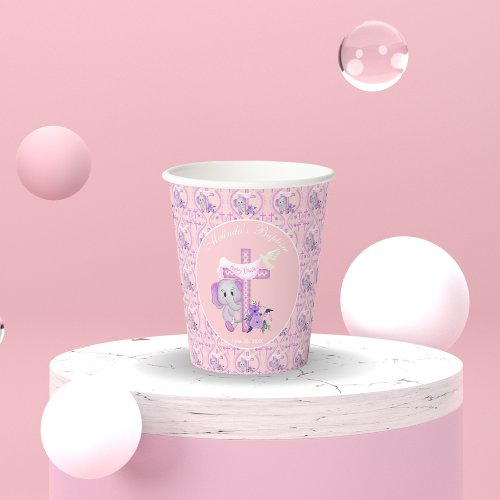 Pink Baby Elephant With Dove And Cross Baptism  Paper Cups