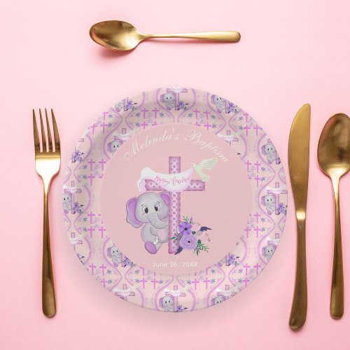 Pink Baby Elephant With Dove And Cross Baptism  Paper Plates