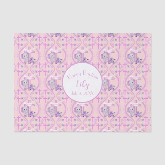 Pink Baby Elephant With Dove And Cross Baptism  Tissue Paper (Front)
