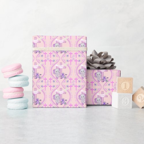 Pink Baby Elephant With Dove And Cross Baptism  Wrapping Paper