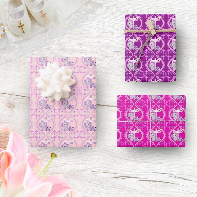 Pink Baby Elephant With Dove And Cross Baptism  Wrapping Paper Sheets (Creator Uploaded)