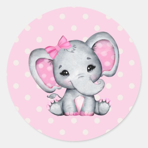 Pink Baby Elephant with Polka Dot Ears Classic Round Sticker