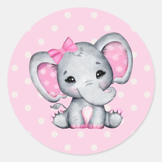 Pink Baby Elephant with Polka Dot Ears Classic Round Sticker (Front)