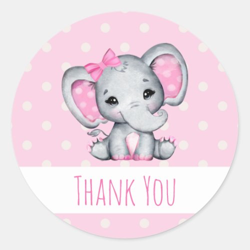 Pink Baby Elephant with Polka Dot Ears Thank You Classic Round Sticker