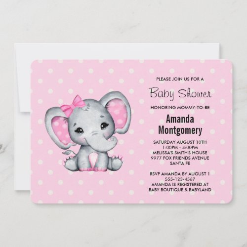 Pink Baby Elephant with Polka Dots Baby Shower Invitation