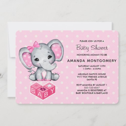 Pink Baby Elephant with Polka Dots Baby Shower Invitation