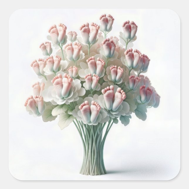 Pink Baby Feet Floral Bouquet Square Sticker (Front)