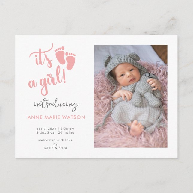 Pink Baby Feet its a Girl Photo Birth Announcement (Front)