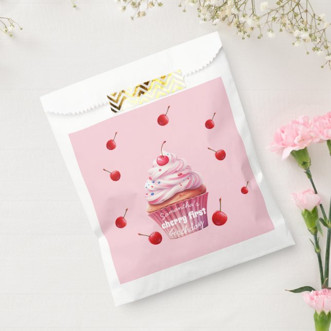 Pink Baby First Cherry & Cupcake Birthday Party  Favor Bag (Sealed)
