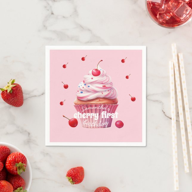 Pink Baby First Cherry & Cupcake Birthday Party  Napkins (Insitu)