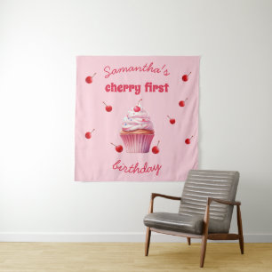 Pink Baby First Cherry & Cupcake Birthday Party Tapestry