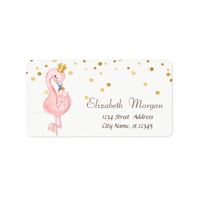 Pink Baby Flamingo Crown Flower Gold Foil Confetti Label (Front)