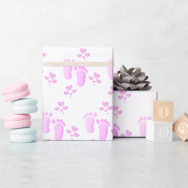 Pink Baby Footprints and Hearts On White Wrapping Paper (Baby Shower)