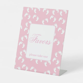 Pink Baby Footprints Baby Shower Favors Pedestal Sign