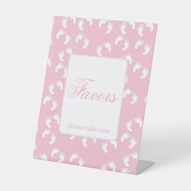 Pink Baby Footprints Baby Shower Favors Pedestal Sign (Front)