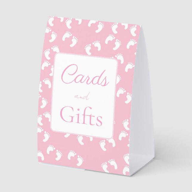Pink Baby Footprints Baby Shower Paper Table Tent (Front)