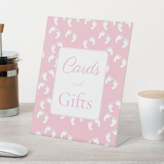 Pink Baby Footprints Baby Shower Pedestal Sign