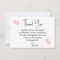 Pink Baby Footprints Flat Thank You Card