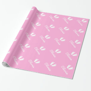 Pink baby footprints wrapping paper with girl name