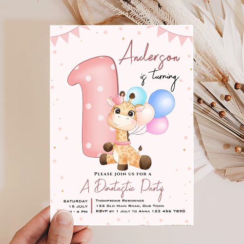 Pink Baby Giraffe 1st Birthday Invitation