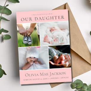 Pink Baby Girl 4 Photo Collage Birth Announcement