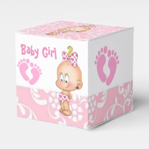 Pink Baby Girl and Footprints Damask Favor Boxes