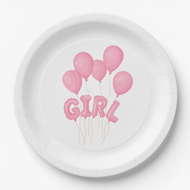 Pink Baby Girl Balloon Celebration - Cute Nursery  Paper Plates (Front)