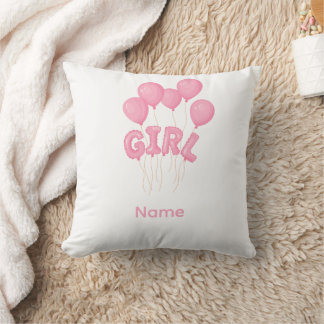Pink Baby Girl Balloon Celebration - Cute Nursery Throw Pillow