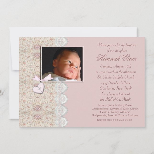 Pink Baby Girl Baptism or Christening Invitation (Front)