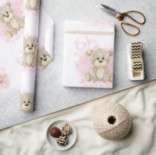 Pink Baby Girl Bear Baby Shower Wrapping Paper