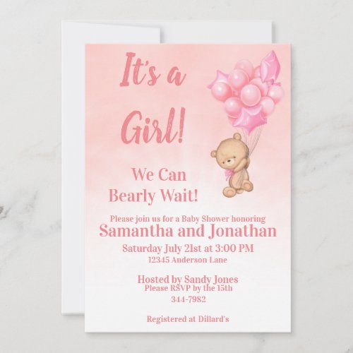 Pink Baby Girl Bearly Wait Teddy Bear Baby Shower Invitation