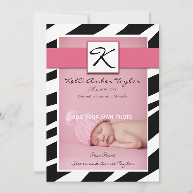 Pink Baby Girl Birth Announcement Zebra Pattern (Front)