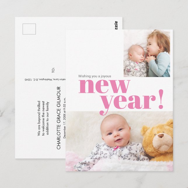 Pink Baby Girl Birth Photo Modern New Year  Postcard (Front/Back)