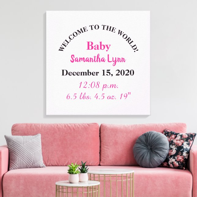 Pink Baby Girl Birth Stats Canvas Print (Insitu(LivingRoom))
