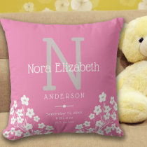 Pink Baby Girl Birth Stats Daisy Monogram Nursery Throw Pillow