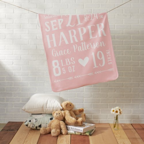 Pink Baby Girl Birth Stats  Editable Colors Baby Blanket