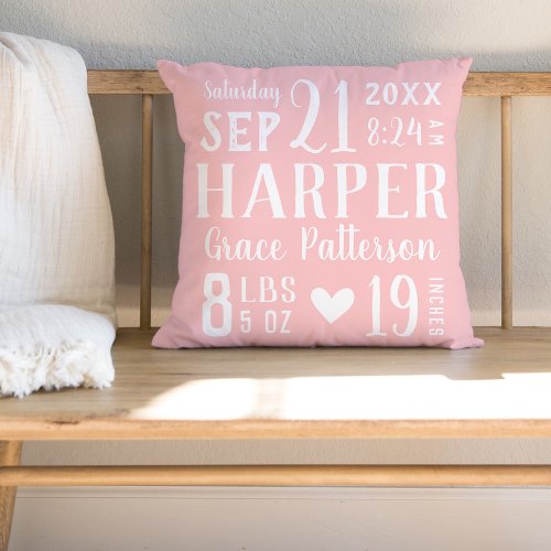 Pink Baby Girl Birth Stats  Editable Colors Throw Pillow