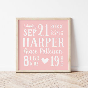 Pink Baby Girl Birth Stats Keepsake Poster