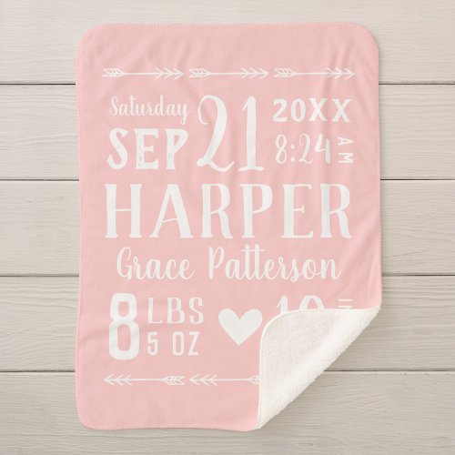 Pink Baby Girl Birth Stats Keepsake Sherpa Blanket