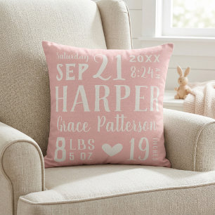 Pink Baby Girl Birth Stats Keepsake Throw Pillow