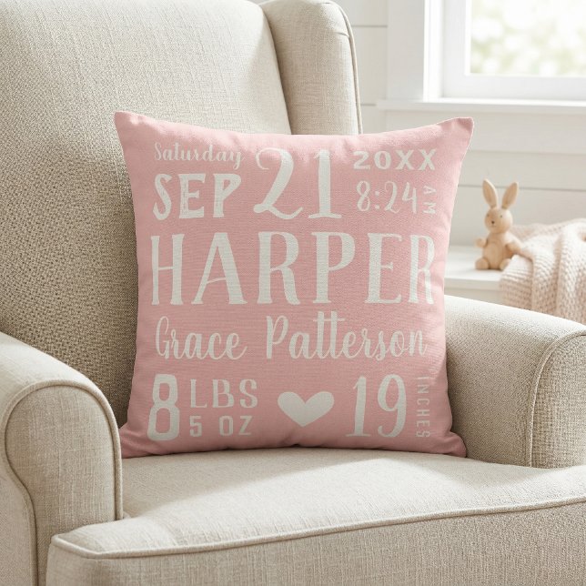 Pink Baby Girl Birth Stats Keepsake Throw Pillow (Creator Uploaded)