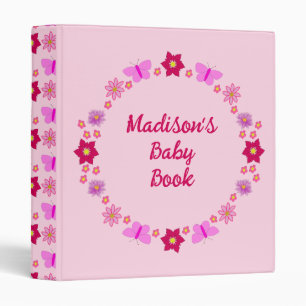 Pink Baby Girl Butterflies and Flowers Baby Book 3 Ring Binder