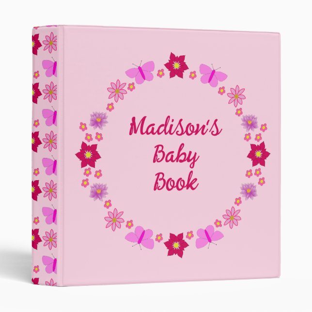 Pink Baby Girl Butterflies and Flowers Baby Book 3 Ring Binder (Front/Spine)