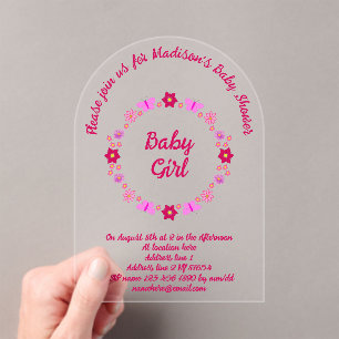 Pink Baby Girl Butterflies and Flowers Baby Shower Acrylic Invitations