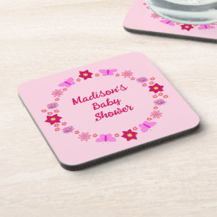 Pink Baby Girl Butterflies and Flowers Baby Shower Beverage Coaster