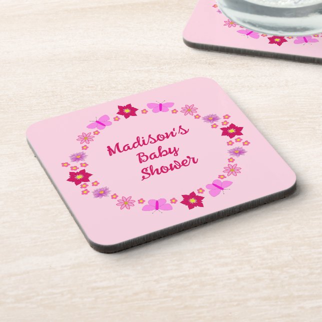 Pink Baby Girl Butterflies and Flowers Baby Shower Beverage Coaster (Left Side)